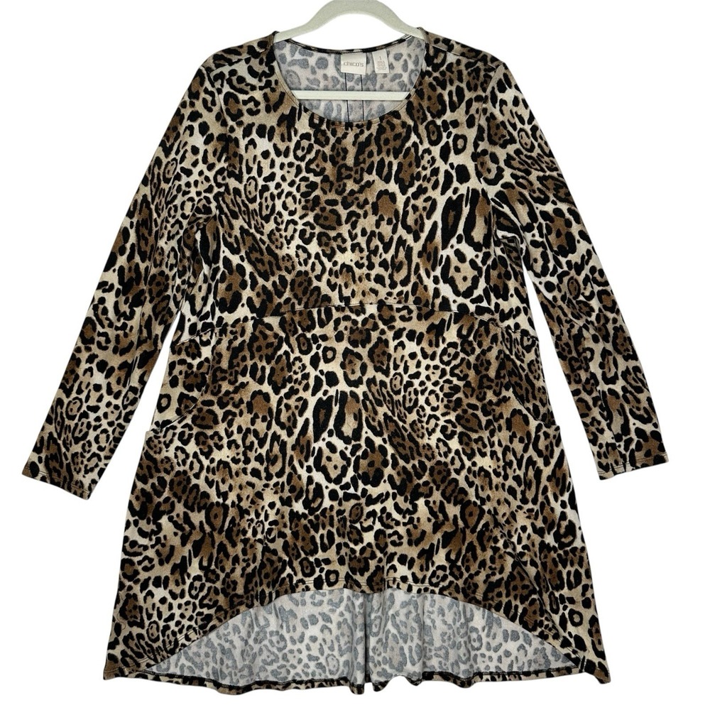 Chico's Leopard Print High-Low Tunic Top Sz 1 M Side Pockets Mob Wife Aesthetic
